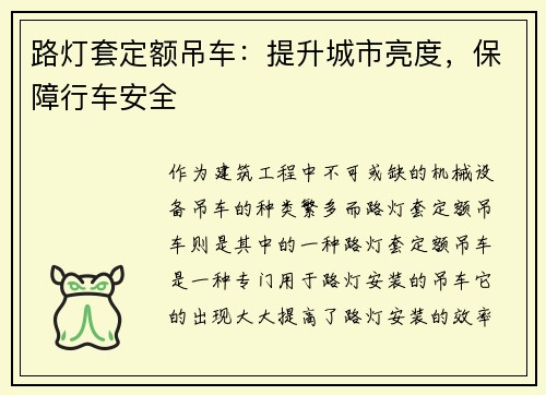 路灯套定额吊车：提升城市亮度，保障行车安全